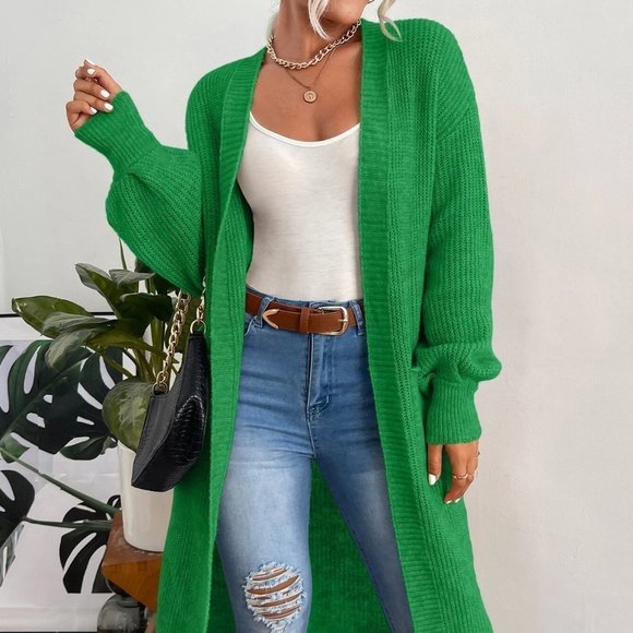 . Sweaters - Green Preppy Womens Double Pocket Drop Shoulder Duster Cardigan